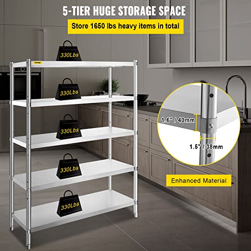 VEVOR Küchenregal 5 Ebenen, Standregal bis 750 kg (150 kg pro Boden), Edelstahlregal Gastronomie mit Verstellbaren Füßen & Regalböden, Schwerlastregal für Lager Garage Werkstatt, 1200 x 455 x 1830 mm