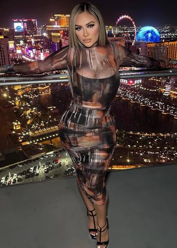 Image of MOEENCN Sexy Long Sleeve Midi Dress for Women Sheer Mesh Printed 2 Piece Skirt Set Crew Neck See Through Bodycon Party