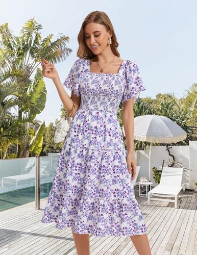 Image of Bbonlinedress Womens Casual Floral Summer Smocked Beach Party Boho Midi Square Neck Dress