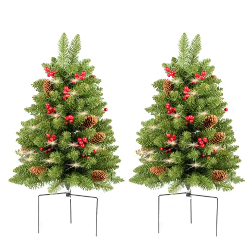Christmas Tree 30 inch Prelit 2 Set Pathway Porch Christmas Trees Pre-Light LED Battery Operated Outdoor Xmas Decor for Entrance Driveway, Yard, Garden, Red Berries, Pine Cones