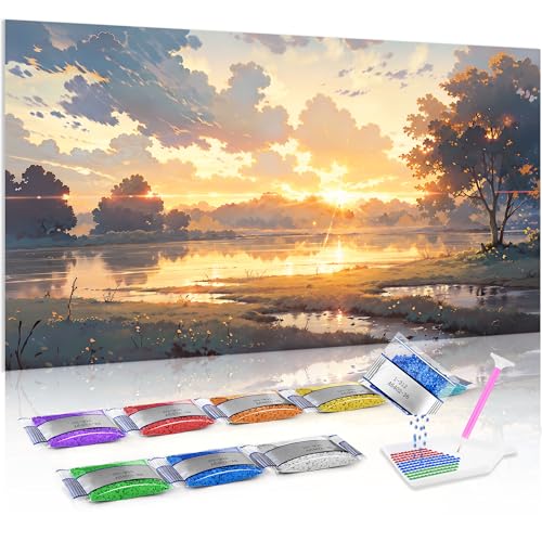 Punto de cruz diamante de 70x40 cm con diseño de lago dorado para manualidades de adultos