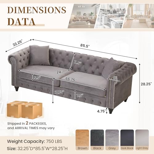 Image of Mid Century Modern Couch, 85.5 inchW Velvet Fabric Button Tufted Oversized Loveseat Sofa with Nailhead Trim & Roll Armrests, Deep Seat Comfy Chesterfield Sofa for Living Room, Office(3 Seater, Light Grey)