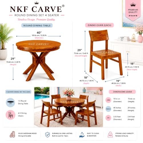 Image of Sheesham Wood Four Seater Dining Table & Chair Wooden 4 Seater Solid Sheesham Wood Round Dining Table with Curved Backrest Pattern Chairs for Home & Dining Room Shining Honey Finish