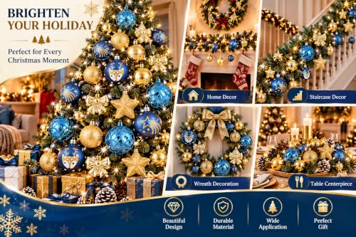 35 Piece Christmas Tree Ornaments Set Decorative Balls with Stars Bows and Reindeer Designs for Holiday Decor Navy Blue and Gold - image 6