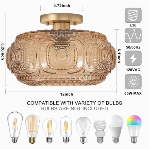 Image of 12 inch Mid Century Glass Semi Flush Mount Ceiling Light Fixture Amber