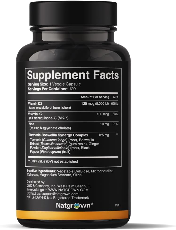 Natgrown Vitamin D3 + K2 w/Zinc - Vegan Vitamin D 5000 IU & Mk7 100mcg for Bone and Immune Support Supplement - Plant Based D3 K2 with Superfood Blend, Gluten-Free - 120 Capsules