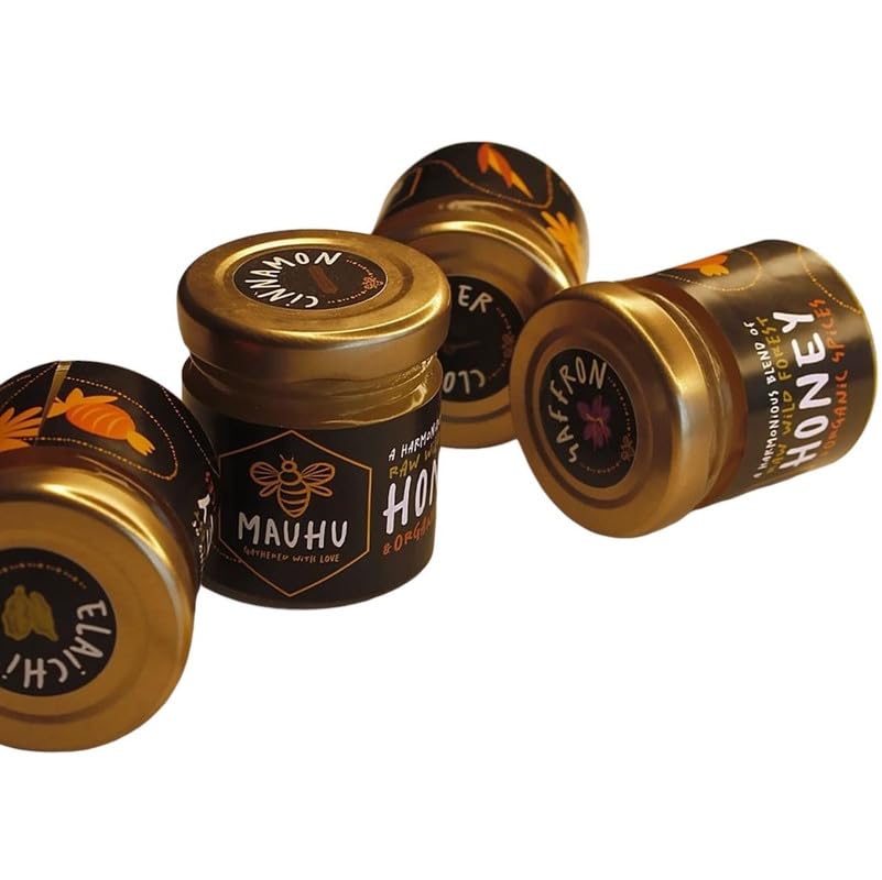 MAUHU Gathered with Love: Pure Indian Forest Honey Combo Pack of 4 Infused Flavor (Elaichi, Clove & Pepper, Saffron, Cinnamon With A Wooden Spoon Diwali Offer | Natural & Aromatic | 100% Raw Premium Honey 50 Grams Each