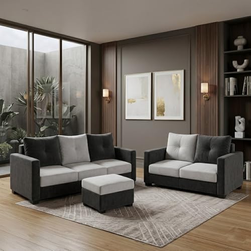 Image of FURNY Amonster 3 Seater + 2 Seater Fabric Sofa Set with 1 Ottoman (Dark Gray - Light Gray) with Velvet Finish | Durable Comfort | Ideal for Living Room