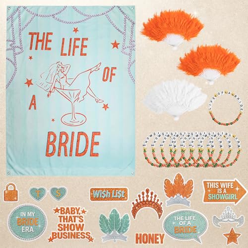 The Life of a Bride Bachelorette Party Decorations | Showgirl Era Kit for 1 Bride + 8 Squad | 6050 Backdrop 13 Photo Booth Props Feather Fans & Friendship Bracelets