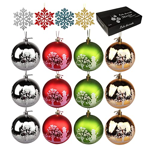 Bolas de Navidad 8cm, 12 Bolas de Navidad de Plástico con 4 Copos de Nieve Decoración Navideña, Juego de 16 Bolas de árbol de Navidad - Rojo, Dorado, Verde, Plateado - Adornos de Navidad Decoracion Cover