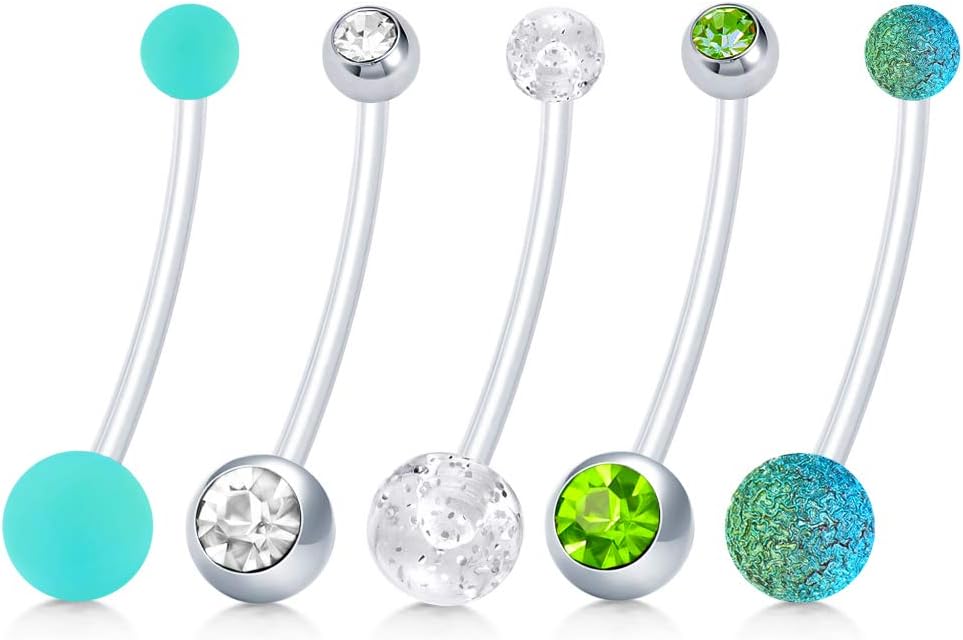 Pregnancy Maternity Flexible Bioplast Long Belly Button Rings Navel Retainer Body Piercing 14G 1&1/2 Inch Length Varied Style, Plastic