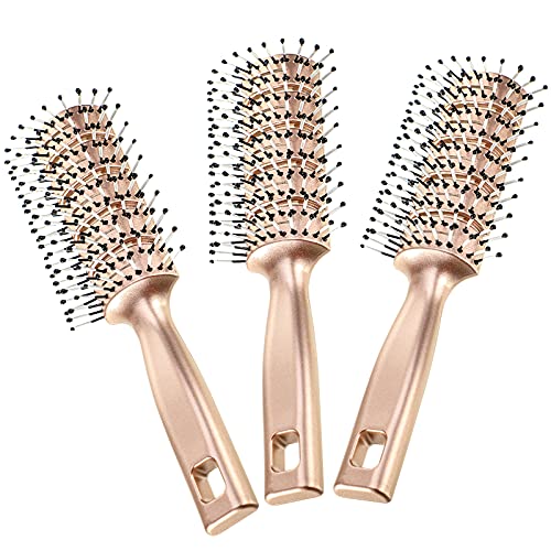 3 Pieces Curved Vent Hair Brush for Blow Drying Easy Detangling Hair Brush with Ball Tipped Bristles Styling and Salon Supply for Short Thick Tangles Hair Both Men and Women (Gold)