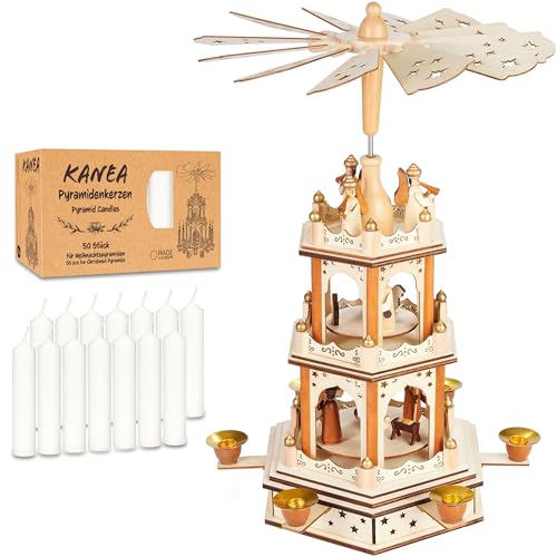 BRUBAKER Pyramide de Noël avec Lot de 50 Bougies Blanches - Carrousel Rotatif à Trois Niveaux avec Figurines en Bois Peintes à la Main - Décoration de Fête de 45 cm - Finition Naturelle