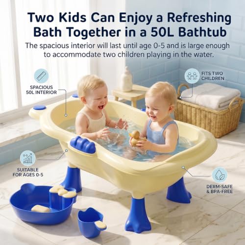Image of StarAndDaisy Baby Bath Tub for 0 to 5 Years with Bathing Accessories Tray & Mug | Baby Bather for 0 to 2 Years | BPA Free Baby Bath tub for Kids 0-3 Years with 4-Leg Support (Cream-Blue, Bathtub with Legs)