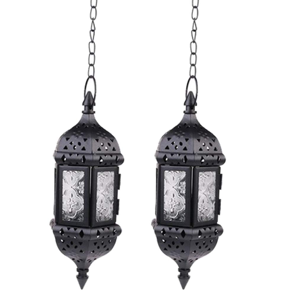 2 Pcs Hanging Candle Lantern Moroccan Chandelier Retro Candle Holder Moroccan Vintage Metal Hollow Wedding Hanging Candle Holders Lantern Contain 35cm Chain, Black