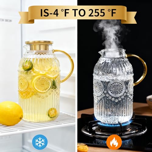 Image of Amzcku Glass Pitcher with Lid, 101 oz / 3 Liter Vintage Water Pitcher,Water Carafe for Cold Brew, Coffee, Lemonade, Iced Tea,Beverage, Heat Resistant Water Glass Jug 1Pack