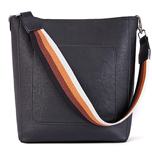 BROMEN Hobo Bags for Women Leather Handbags Designer Shoulder Bucket Crossbody Purse Two-tone Rough-grained Black