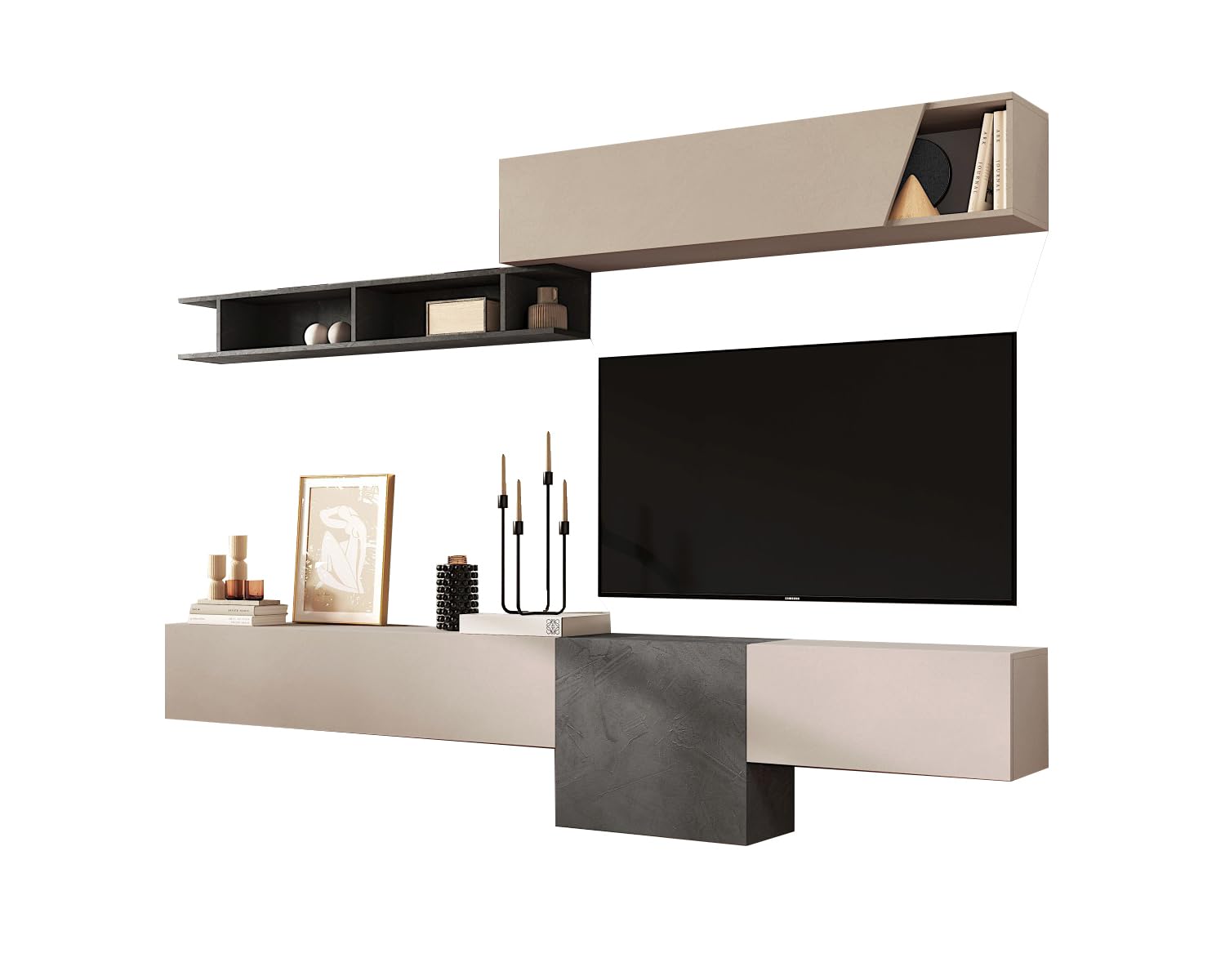 Parete Attrezzata Soggiorno Design Moderno 262x202 cm Composta da Pensili Orizzontali e Cubo e 1 Mensola Mobile Porta TV Sospeso Beige e Piombo PAL68