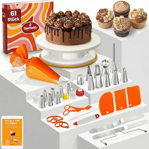 Katyjun Torten Dekorationsset - 61-teilig mit stabil drehendem Kuchen Drehteller ohne Wackeln - Dichtes Spritzbeutel Set - Hochzeits & Anfänger Backutensilien Orange