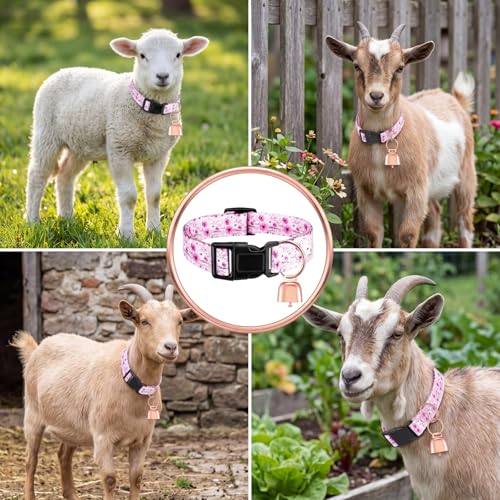 Image of Goat Collar with Bell, Sheep Grazing Copper Bells and Adjustable Nylon Collar Set Loud Bronze Bell for Summer Small Farm Animal Sheep Cow Dog Accessories Gift(Pink Rose)