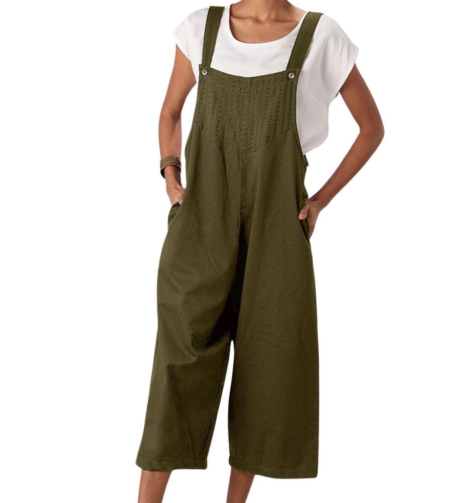 Chouyatou Women's Cotton Linen Bib Overalls Pants with Pockets