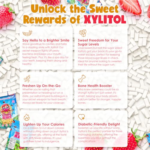 Image of Bubblegum Kids Daisy's Strawberry Field Sugar Free Gum | Strawberry Flavor Sugarless Gum with Xylitol | Low Calorie Candy Alternative for Kids & Adults | Resealable Bag, 55 Pieces Per Pack, 1 Pack