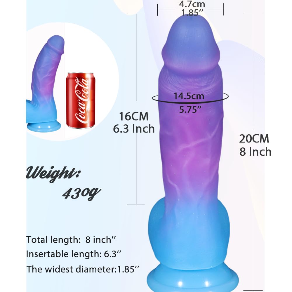 8 Inch Realistic Thick Silicone Dildo Adult Sex Toy for Women,Colorful Flexible G-spot or Anal Stimulator with Suction Cup for Hands-Free Play,1.85'' Diameter Bent Shaft Big Lifelike Penis with Balls: Blue