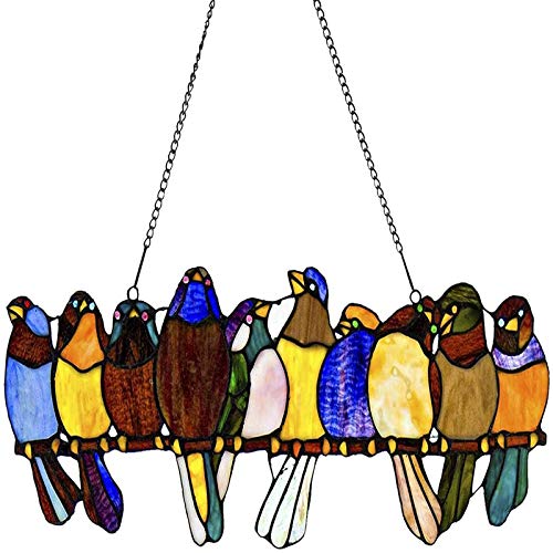 Spring Pendant Window Decor Stained Glass Birds-On-A-Wire Window Panel Hanging Catcher-on a Wire High Stained Glass Suncatcher Window Panel(10 Birds)