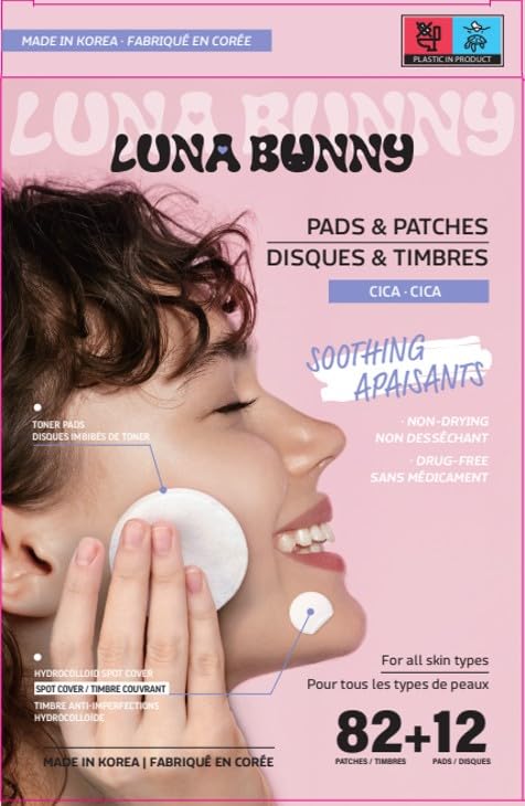 Luna Bunny Acne Patches & Nourishing Toner Pads Set – Hydrocolloid Pimple Patches for Face, Korean Skincare Acne Spot Treatment with Cica, Non-Drying Facial Toner Pads, 82 Patches + 12 Pads
