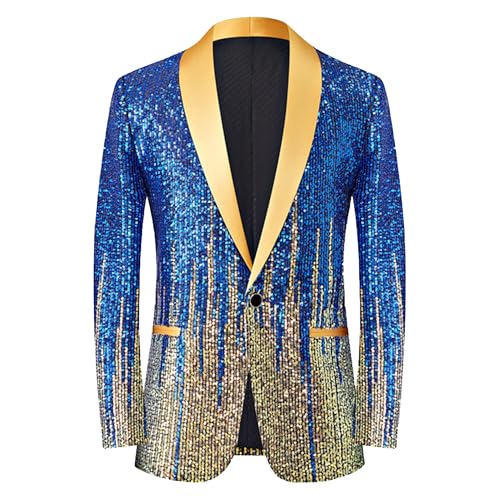 Mens Fashion Gradual Change Color Sequins Suit Jacket Shawl Lapel Tuxedo Shiny Sequin Blazer One Button Suit Jacket (Large,Blue 1)