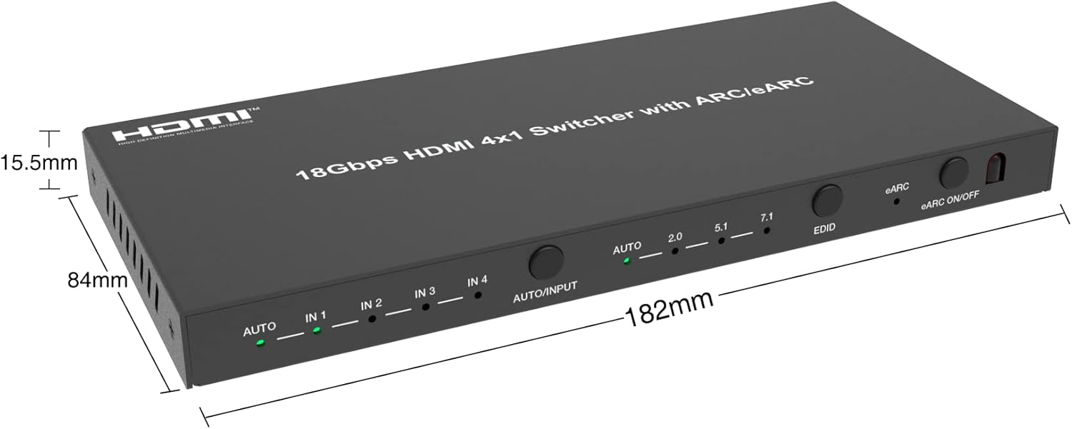 U9 ViewHD HDMI 2.0b 4K 4x1 Switch 18Gbps 4:4:4 with Built-in ARC/eARC Audio Extractor Atmos Dedicated for eARC HDMI Soundbar/Receiver | UHDe4x1