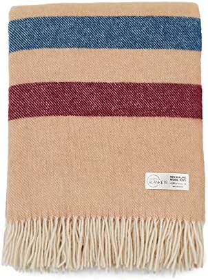Cozy Blankets - New Zealand Virgin Wool Throw Blanket, Indoor & Outdoor Blankets and Throws, Striped Soft Blanket with Fringes, 55 x 79 in (140 x 200 cm), Beige, Red, & Blue