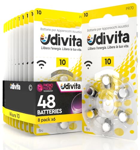 48 Piles pour Appareils Auditifs Udivita Écouteurs Taille 10. - 8 Blisters de 6 Piles