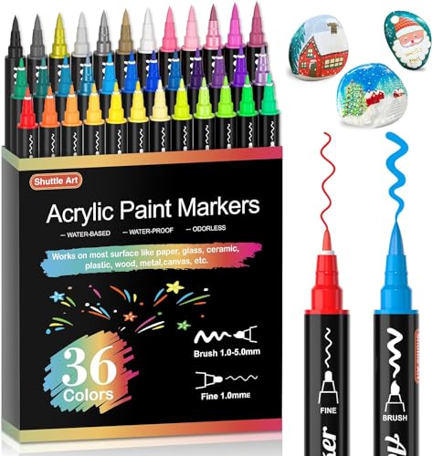 Image of Shuttle Art 36 Colors Dual Tip Acrylic Paint Markers, Brush and Fine Tip for Rock Painting, Ceramic, Wood, Canvas, Plastic, Glass, Stone, Calligraphy, Card Making, DIY Crafts