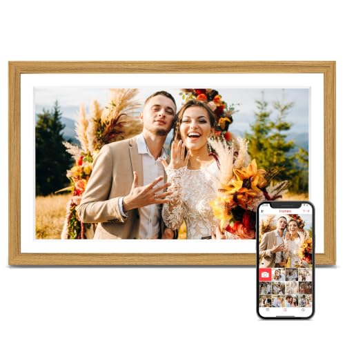 Image of Frameo Digital Picture Frame, Frameo 15.6'' Large Digital Photo Frame WiFi | 1920*1080 IPS FHD Touchscreen, 32GB, Wall-Mountable, Share Video Picture, Electronic Frame, Mom Gifts, Natural Woodgrain