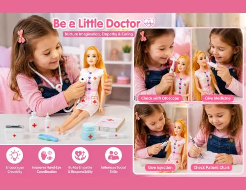 Image of BKDT Marketing Doctor Doll Playset for Girls, Doctor Nurse Doll & 11 Medical Accessories, Pretend Play Medical Kit, Educational Role Play Toy, Birthday Gift for Kids Age 3 4 5 6 Years