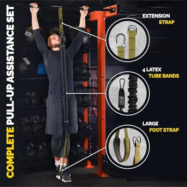 Pull Up Assistance Bands Set - 4 Heavy-Duty Pull Up Bands, Height Adjustable Strap & Comfortable Foot Strap - Stackable Pull Up Resistance Bands for Pull Ups