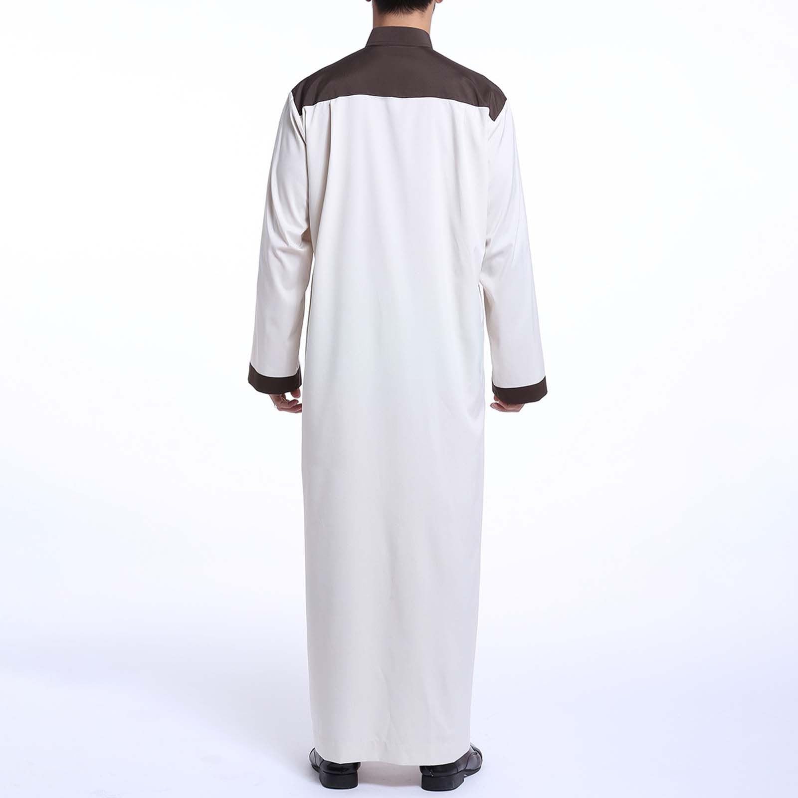 Męski muzułmański Thobe Jubba Kaftan, islamski szlafrok z długim rękawem z kontrastowym kołnierzem i kieszenią, tradycyjna arabska odzież modlitewna na meczet Eid Ramadan