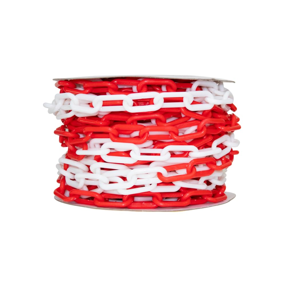 Berry 10 Meter 8MM Plastic Chain - Red and White, Highly Visible Plastic Barrier Chain with 4 Connectable Hooks, Durable Safety Chain for Crowd Control, Construction Sites, and Hazardous Areas