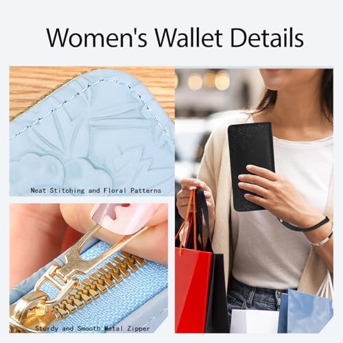 Large Womens Wallet with Removable Wrist Strap and Zipper, Wristlet Wallet Women Fashion Women's Wallets Multi Card Slot (Flower, Blue)4
