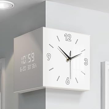 Double Sided Modern Wall Clock, Decorative Wall Clock, Wall Clock in to The Corner, Creative Clock Wall Lamp for Bedroom Living Room OfficeWhite,Medium