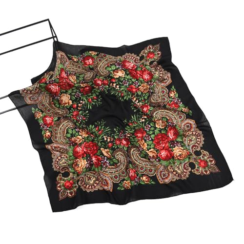 Floral Square Scarf, Russian Style Paisley Print Headscarf, Women's Cotton Shawl, Black, Red, Green2