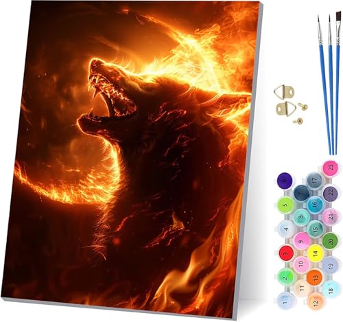 MAYUPEOU Wolf Paint by Numbers for Adults with Frame, Paint by Numbers Flame, Easy DIY Oil Painting Kits on Canvas with Brushes, Hobbies for Women, Painting for Home Wall Decor Gifts 8x12 inch 4-2489