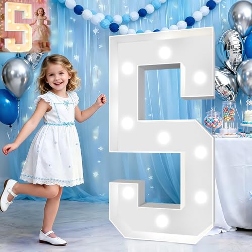 Image of Pooqla 3 FT Light Up Number 5 for 5th 25th 50th Birthday Decorations, Large Marquee Number with Cool White Warm White LED Lights Birthday Decorations for Girl Boy, Wedding Anniversary Party Decoration
