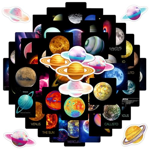 50 pegatinas de planetas espaciales, 4-7 cm, vinilo impermeable para ordenador portátil, monopatín, equipaje, bicicleta, botella de agua, ordenador, niños, universo