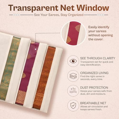 Image of JD Fresh 6 Pcs Cotton Saree Bags /Tree Printed Cover for Storage /Transparent Mesh Window & Zip Closure for Clothes Bags /Wardrobe Organizer for Saree, Kurtis & Blouses (16 x 14 Inches, Off White)