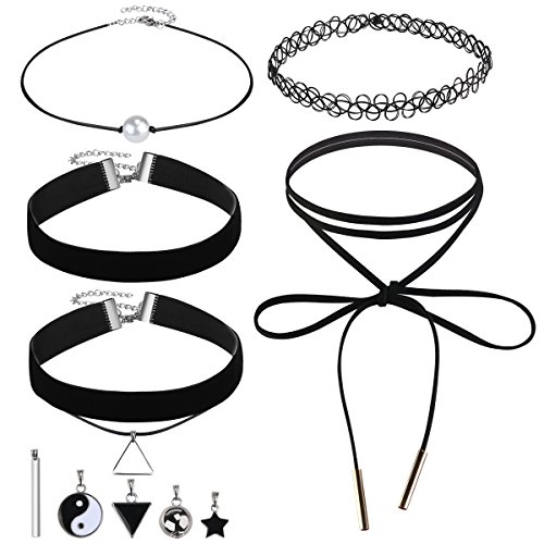 FENICAL 10 Pieces Black Velvet Choker Necklaces Set Gothic Stretch Tattoo Choker Elastic Tassel Pendant Necklaces for Women Girls