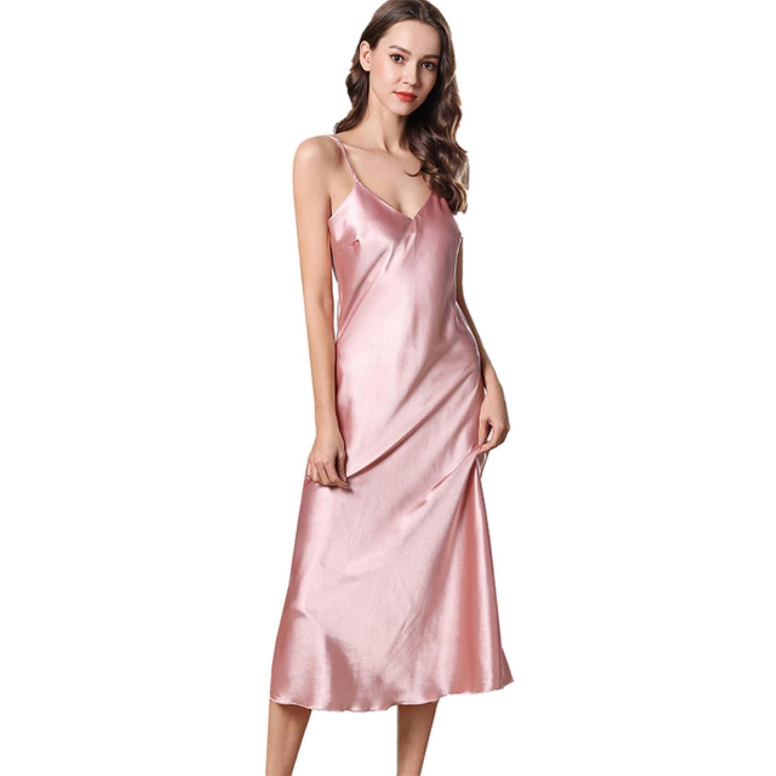 Women's Satin Nightgown Long Slip Sleep Dress Silk V Neck Sleepwear Solid Color Nightwear-pink,M — image 1