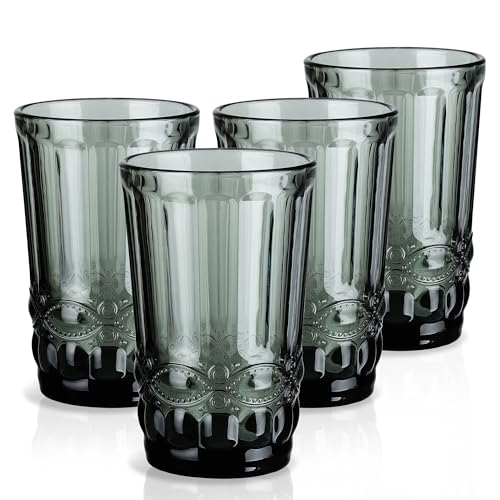 Joeyan Vintage Grau Trinkgläser 4er-Set,330ml Bunt Wassergläser mit Relief – Ansicht 1