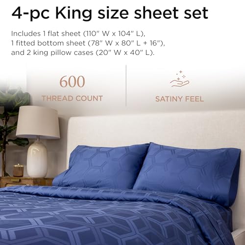 Image of Threadmill 100% Cotton Sheets for King Size Bed - 600 Thread Count King Bed Sheets Set with 16 inch Deep Pocket - Jacquard Sateen Weave 4-Piece Bedding Set with Cooling Effect, Folkstone Blue